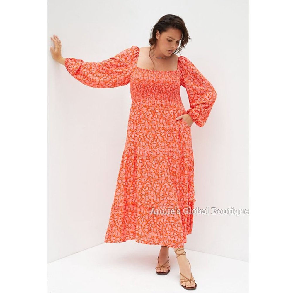 RARE NWT ANTHROPOLOGIE Dolan Smocked Puffed-Sleeves Midi Dress. Size XL - Picture 6 of 16